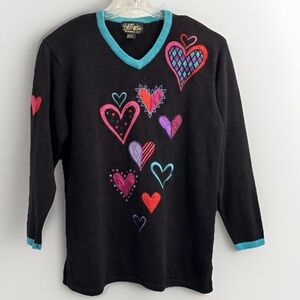 Bob‎ Mackie Women’s Embroidered Heart Sweater Black Long Sleeve Large Valentine